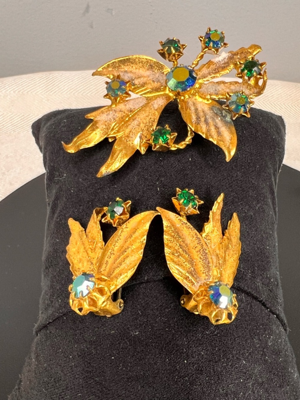 AUSTRIA Gold-Tone Leaf Brooch and Earring Set with Green-Blue Rhinestones